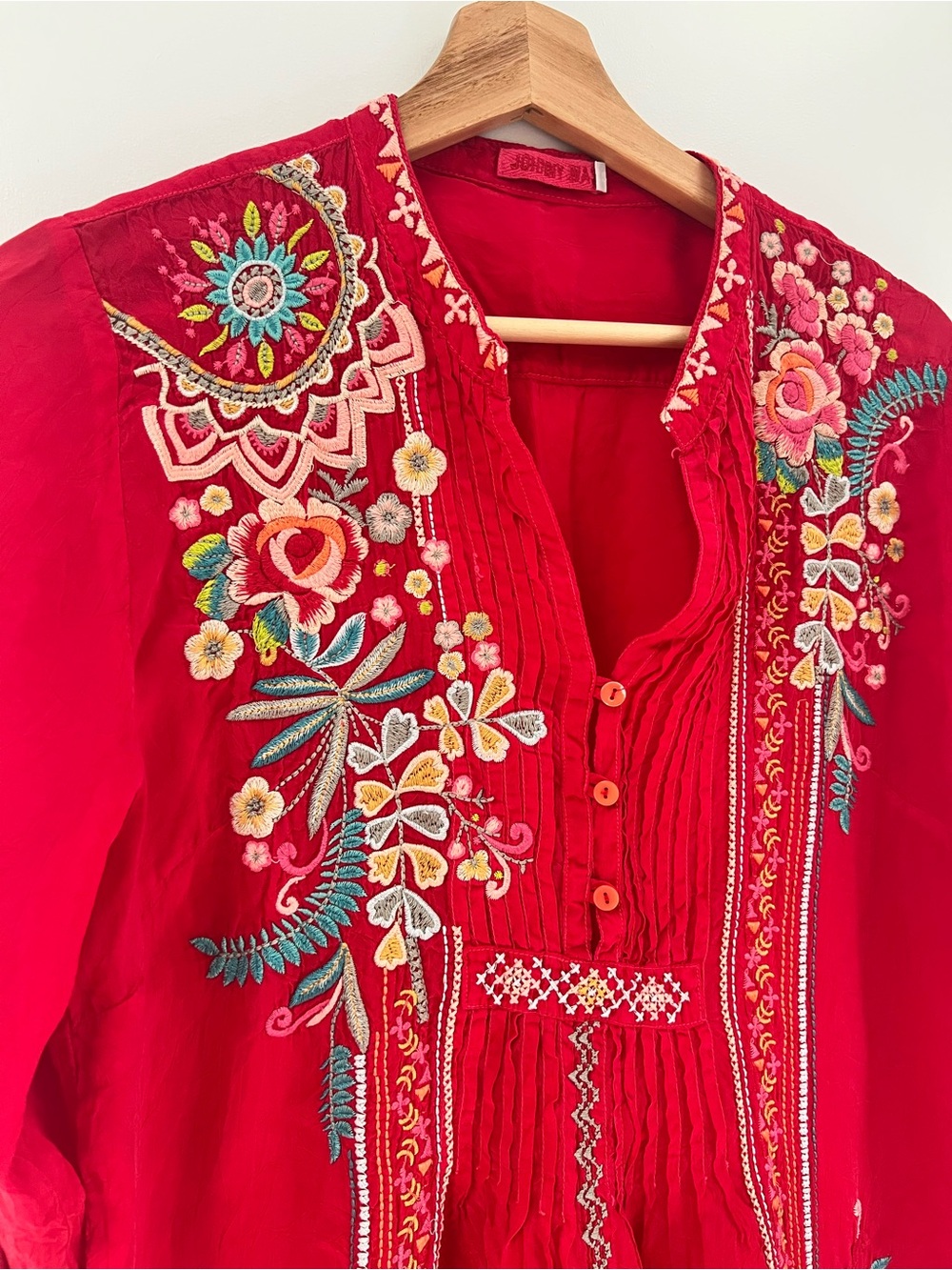 Johnny Was Red Embroidered Button Neck Tunic Blouse - Picture 12 of 13